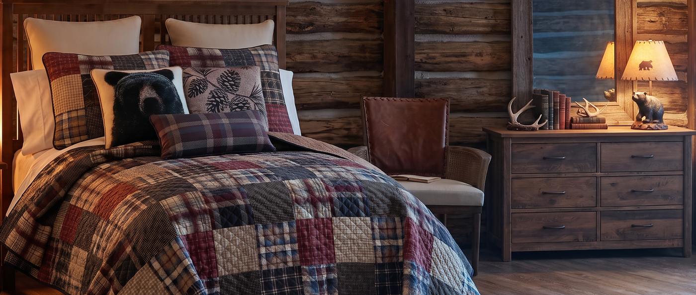 A rustic bedroom scene with a bed dressed in a patchwork plaid quilt and matching pillows, set in a log cabin-style room with wood walls, a dresser, bedside lamp, and window.