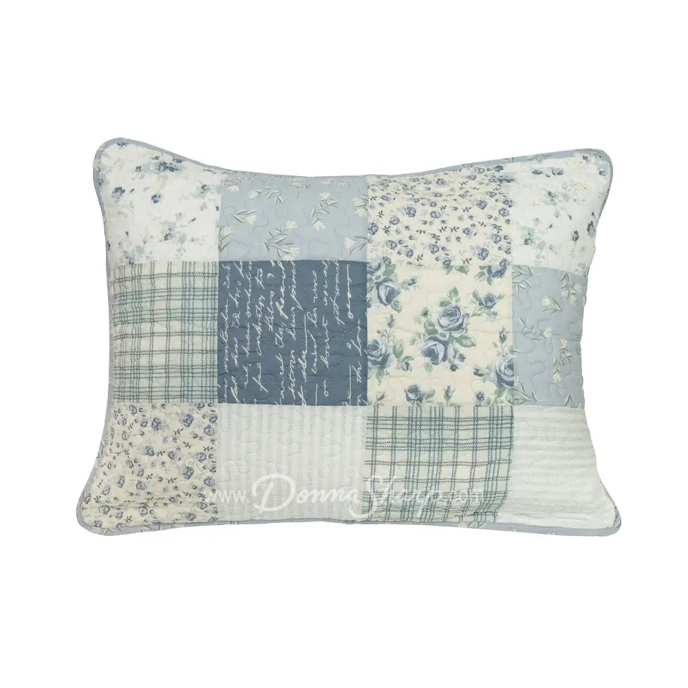 Donna Sharp Blue Pastures cotton patchwork pillow sham in blue, gray and cream with floral, plaid, script and rose patterns