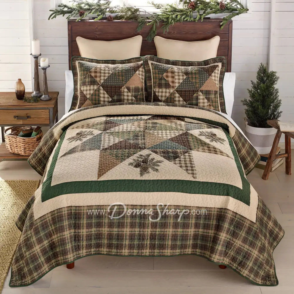 Donna Sharp Pine Star 3Pc Pieced & Embroidered Cotton Quilt Set Queen + 2 Shams New