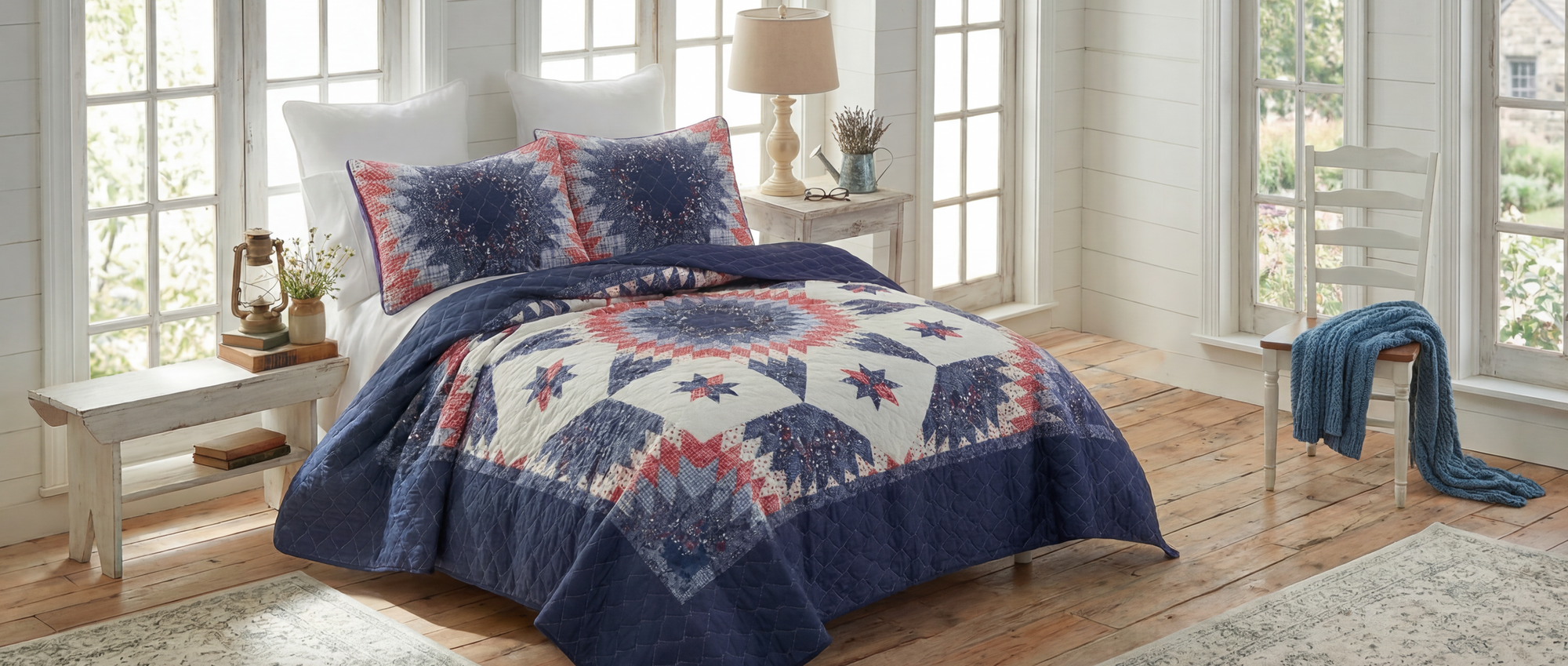 Bedroom with a blue and white patterned quilt on a bed, surrounded by large windows.