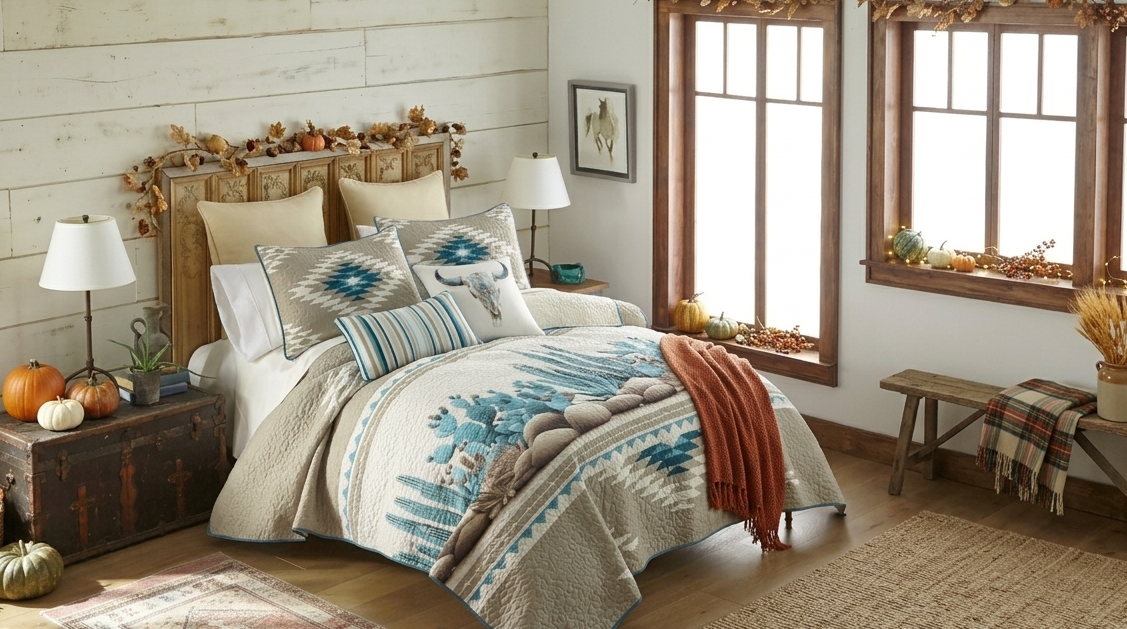 A styled bedroom scene featuring a bed dressed in an autumn-themed quilt set with blue, beige, and brown tones, surrounded by fall decor including pumpkins, a bench, and window decorations.
