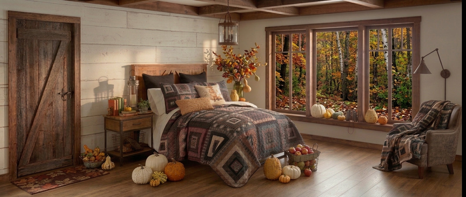 A rustic bedroom interior with a bed dressed in a patterned quilt and pillows, surrounded by autumn decor including pumpkins, a wooden barn-style door, large windows showing fall foliage outside, and a matching armchair.