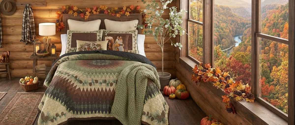 A rustic bedroom set in a log cabin with a mountain autumn view, featuring a patterned quilted comforter, matching pillows, a wooden wardrobe, and fall foliage decorations.
