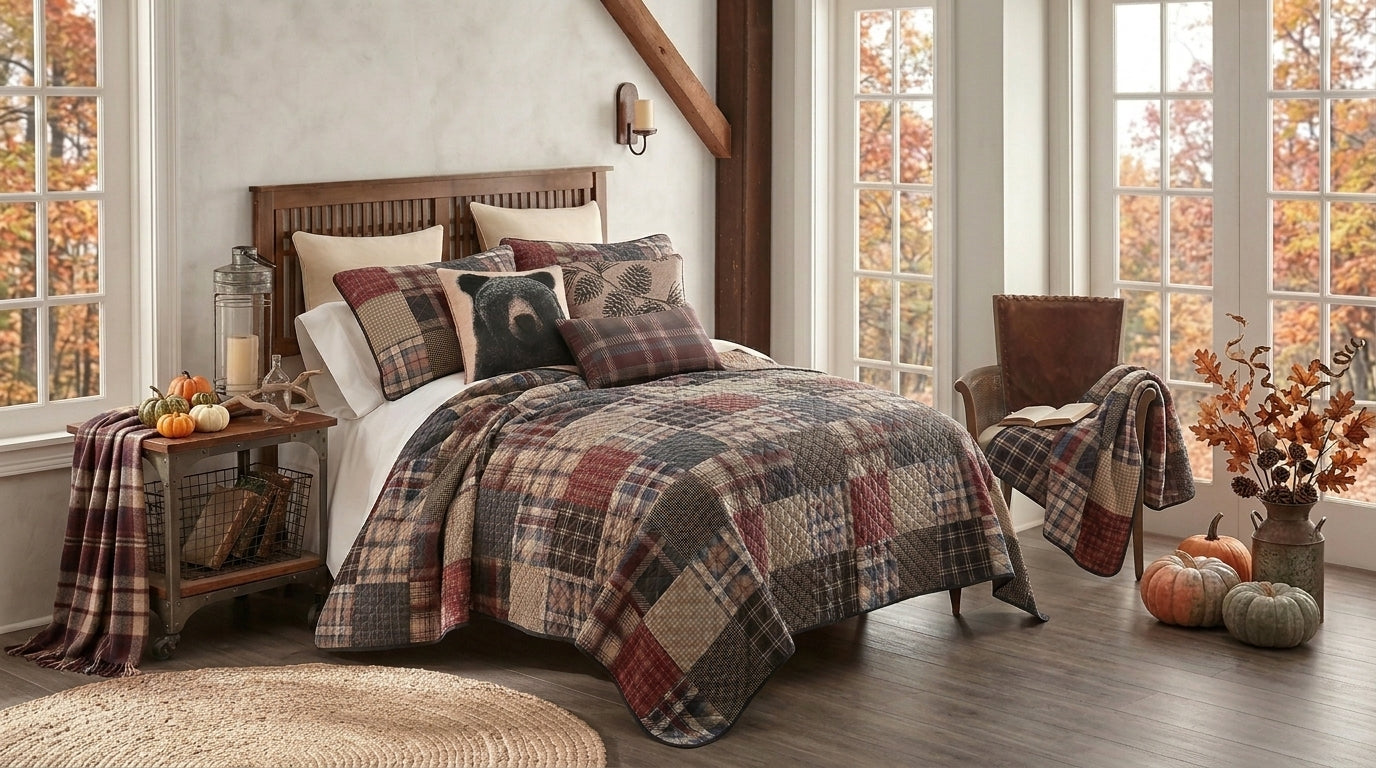 A bed dressed in a patchwork plaid quilt and matching shams, styled in a rustic bedroom with large windows, autumn foliage outside, pumpkins, and a chair with a matching throw blanket.