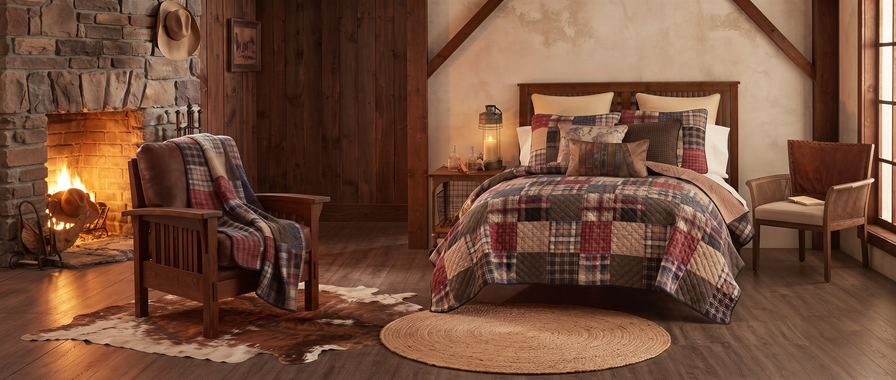 A rustic, cozy bedroom featuring a wooden bed made up with the Donna Sharp Ranger Quilt Set, which showcases a patchwork pattern in rich tones of burgundy, blue, brown, and tan. A matching throw blanket is draped over a wooden armchair on a cowhide rug to the left. The room has warm wood-paneled walls, a stone fireplace with a glowing fire, a round jute rug on the floor, and a bedside table with a lit candle lantern.
