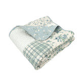 Donna Sharp Blue Pastures reversible cotton throw blanket folded to show patchwork patterns in blue, gray and cream with floral, plaid and script fabrics