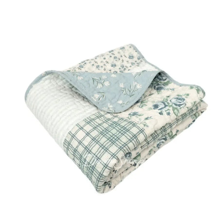 Donna Sharp Blue Pastures reversible cotton throw blanket folded to show patchwork patterns in blue, gray and cream with floral, plaid and script fabrics