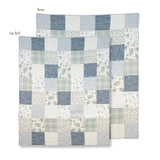 Donna Sharp Blue Pastures cotton patchwork throw and lap blanket in soft blues, gentle creams, and crisp whites with floral, plaid, script and rose fabric blocks