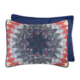 Donna Sharp Bluefield Star reversible pillow sham with navy floral, country blue, periwinkle, pale ivory, rose, and raspberry Lone Star pattern front and solid navy back with piping