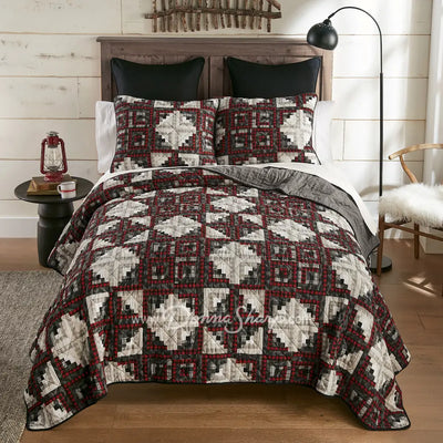 Donna Sharp Log Cabin Star Pieced Cotton Quilted Bedding Set Twin Set, Quilt + 1 Sham New