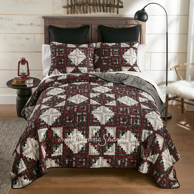 Donna Sharp Log Cabin Star Pieced Cotton Quilted Bedding Set Twin Set, Quilt + 1 Sham New
