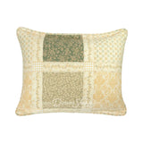 Donna Sharp Meadow cotton patchwork pillow sham in soothing shades of sage green, beige, white, buttercream gold, and cream with floral, gingham and botanical fabric blocks