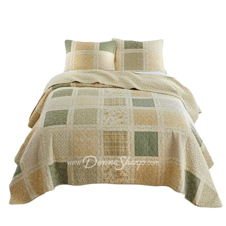 Donna Sharp Meadow cotton patchwork quilt set in soothing shades of sage green, beige, white, buttercream gold, and cream with matching pillow shams