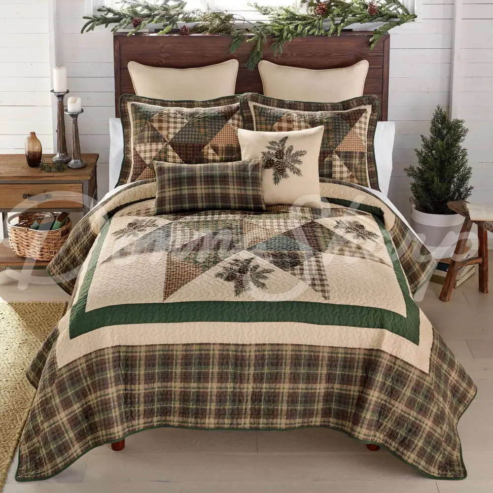 Donna Sharp Pine Star 3Pc Pieced & Embroidered Cotton Quilt Set King + 2 Shams New