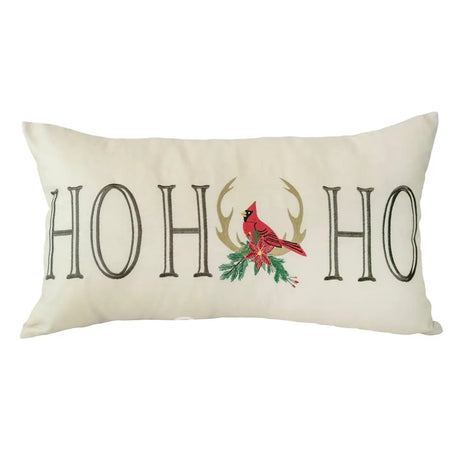 Holly Forest Cotton embroidered decor pillow with a cardinal and poinsettia with ho ho ho on a cream background