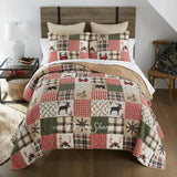 Holly Forest Cotton Pieced Quilt Set Holiday themed bedding adorned with deer, red trucks, and Christmas decor with plaid reverses to tan color 