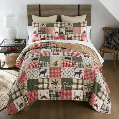 Holly Forest Cotton Pieced Quilt Set Holiday themed bedding adorned with deer, red trucks, and Christmas decor with plaid reverses to tan color 
