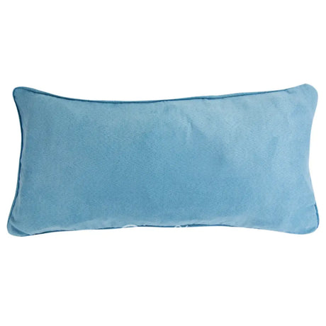 Blue rectangular pillow reverse side is a solid color on a white background