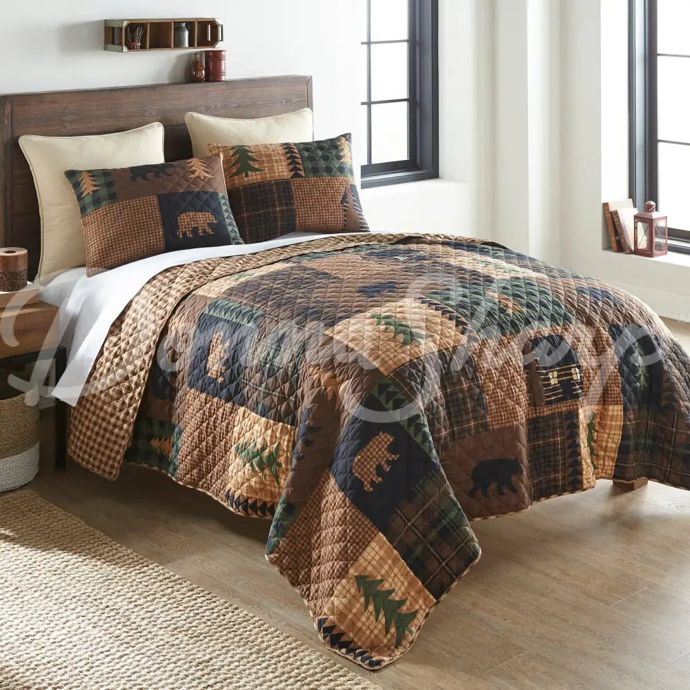 Your Lifestyle Brown Bear Cabin Quilted Bedding Set