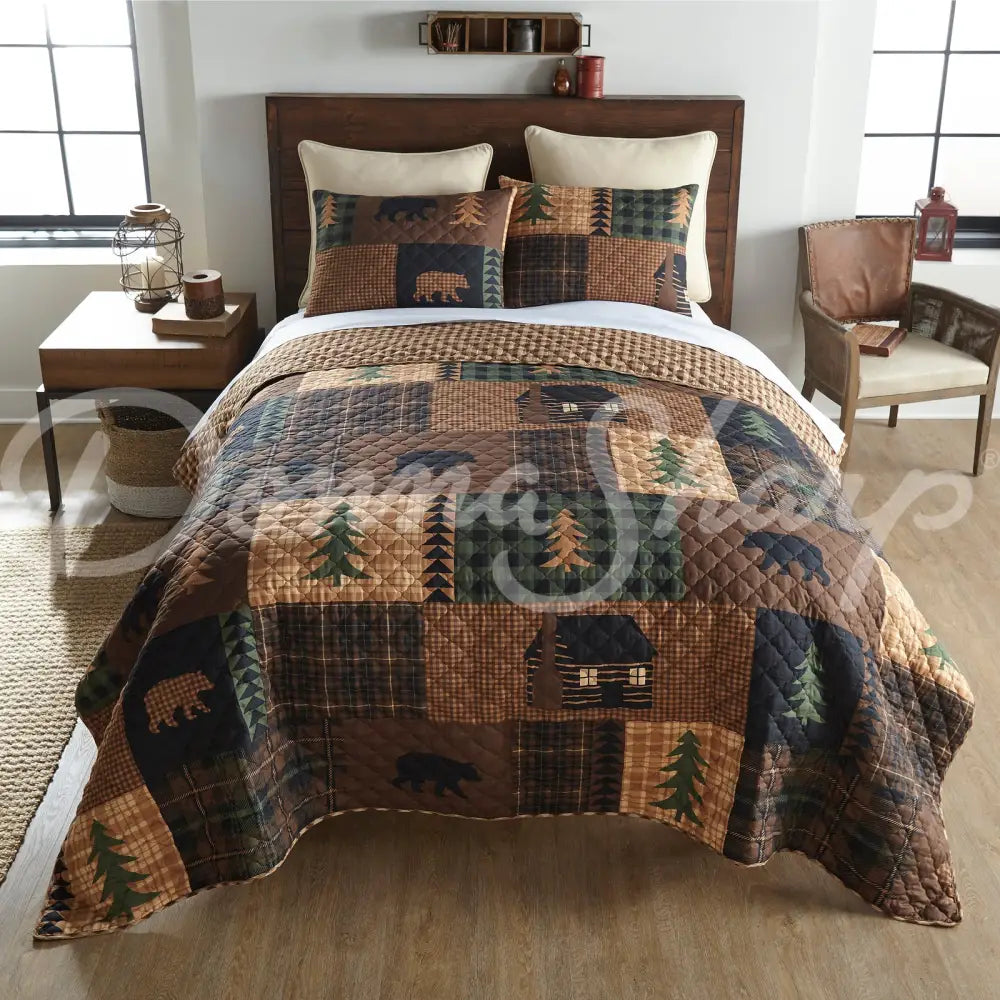 Your Lifestyle Brown Bear Cabin Quilted Bedding Set